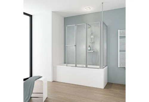 Schulte Badewannenfaltwand Komfort mit Seitenwand – Alu natur & Softline-Dekor - Praktische Duschtrennwand (140 x 127 cm) aus bruchsicherem Kunstglas. Mit flexibler Montage und robustem Aluminiumanschluss für optimalen Spritzschutz. Ideal für jedes Badezimmer.