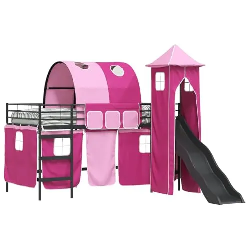 vidaXL Kinderloftbett Schwarz und Pink 107 x 200 cm Metall - Modernes Hochbett mit Rutsche und Turm für kreativen Spielspaß. Stabiler Metallrahmen und stylische Vorhänge bieten Sicherheit und Privatsphäre. Perfekt für entspannte Schlaf- und Spielmomente im Kinderzimmer.
