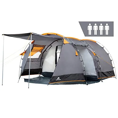 CampFeuer Zelt Super+ für 4 Personen | Grau/Schwarz (Orange) - Tunnelzelt für 4 Personen mit 3000 mm Wassersäule, ideal für Familienurlaube und Outdoor-Abenteuer; atmungsaktive Ausstattung für besten Schlafkomfort.
