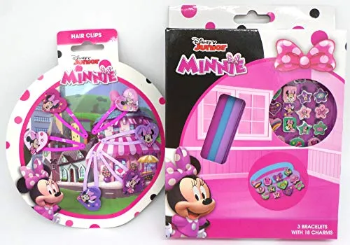 TDL Disney Minnie Mouse Geschenkset 3 Armbänder + 18 Anhänger + 6 Haarklips - Offiziell Lizensiert - 3 Bracelets + 18 Charms + 6 Hair Clips - Gift Bundle