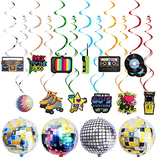 80er Jahre Party Dekorationen - 40 Stück Retro Zubehör Mit Hängenden Spiral Luftballons, Banner - Mottoparty für Erwachsene Geburtstag Disco Hip Hop Wand Haus Deko