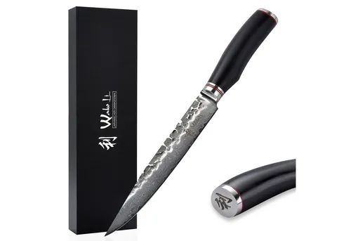 Wakoli EBO Damast Fleischmesser 20 cm - Taschenmesser | Hochwertiges Fleischmesser aus 67 Lagen Damaststahl mit VG-10 Stahlkern, ideal für präzises Schneiden und Zerteilen von Fleisch, eleganter schwarzer Eichenholzgriff.