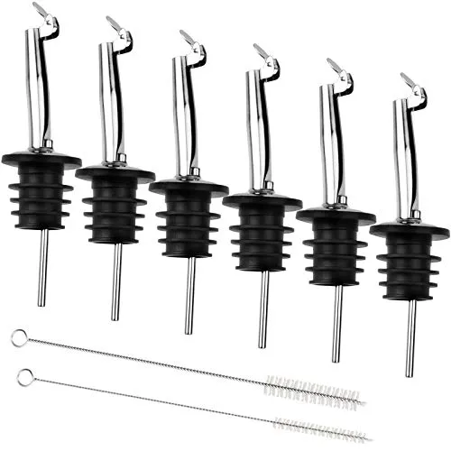 Wellehomi 8 Stück Flaschenausgießer mit Klappe, 6 Ausgießeröl-Set mit 2 Stilen Reinigungsbürste Edelstahl konischer Weinausgießer Flaschenausgießer universell für Öl Spirituosen Cocktails Weinschnaps