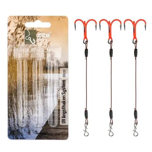 Zite Fishing Angsthaken Stinger System Hecht S, M und L | UV-Aktive Drillinge System Raubfischangeln für Gummiköder | Schnellwechsel Clips & Einfaches Einhängen | Fertigmontage Gummifischsystem (L)