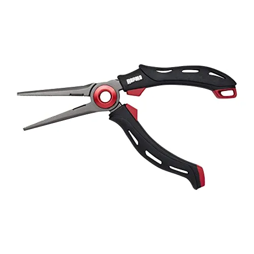 Rapala RCD Mag Spring Pliers - Angelwerkzeuge mit patentiertem Mag-Spring-Mechanismus für einhändigen Gebrauch, ergonomische Softgrip-Griffe und langlebige Edelstahlbacken für sicheren Halt.