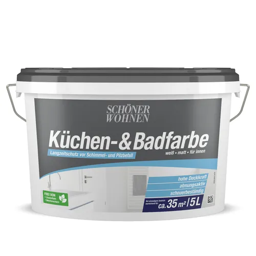 SCHÖNER WOHNEN FARBE Feuchtraumfarbe »Küchen- und Badfarbe«, 5 l - Weiß - Farben für Innenräume, ideal für Küchen und Bäder mit hoher Deckkraft und scheuerbeständigem Finish.