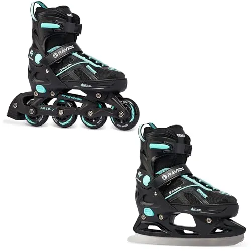 RAVEN Pulse 2in1 Schlittschuhe Inline Skates Inliner für Kinder und Erwachsene verstellbar (Black/Cyan, 40-43 (25,5-28cm))
