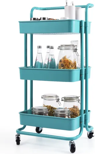 COSTWAY Servierwagen auf Rollen, blauer Küchenwagen mit 3 Regalen - Multifunktionaler Servierwagen mit hoher Tragfähigkeit von bis zu 60 kg. Ideal für Küche, Bad oder Büro, sorgt für Ordnung auf kleinem Raum.