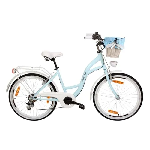 Goetze Mood 24 Zoll Kinderfahrrad, 14 Zoll Tiefeinsteiger Rahmen, 6-Gang Kettenschaltung, doppelte V-Bremsen, LED-Beleuchtung, Gepäckträger, Rattankorb, Komfortsattel, mit Seitenständer & Klingel!