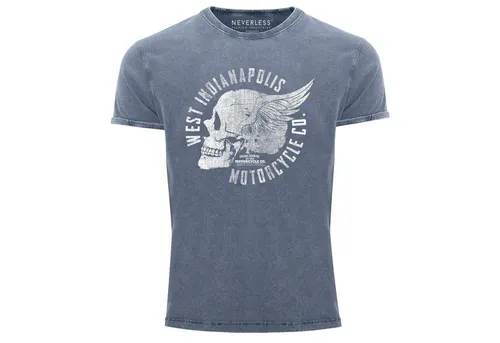 Neverless Vintage Totenkopf Print-Shirt für Herren in Blau - Stylisches Herren T-Shirt mit angesagtem Totenkopf-Design, aus 100% Baumwolle für hohen Tragekomfort. Perfekt für lässige Outfits.