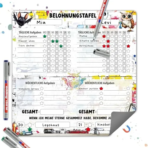TOBJA Belohnungstafel Kinder magnetisch – Graffiti Design mit Eule & Fledermaus – Für 2 Kinder – Mit 4 Stiften – Tägliche & wöchentliche Aufgaben – 30 x 30 cm – Abwischbar