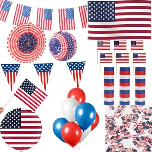 USA Party Deko Set 249 TLG. - Perfekte Deko für amerikanische Feiern - Partyzubehörset mit 10 m Wimpelkette, 30 Luftballons und 50 Deko Pickern, ideal für unvergessliche Feiern im amerikanischen Stil.