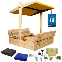 Großer Holzsandkasten mit Verdeck und Sitzbänken