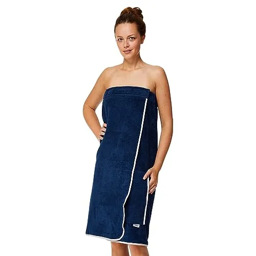 Sowel® Saunakilt Damen - 100% Bio-Baumwolle, knielang mit Klettverschluss - Saunatuch aus schadstoffgeprüfter Bio-Baumwolle, waschbar bei 60°C. Mit praktischem Klettverschluss und Gummizug für sicheren Halt sowie seitlicher Tasche für Wertsachen.