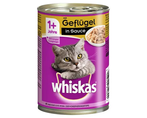 Whiskas 1+ mit Geflügel in Sauce 400 g - 12 Stück, Nassfutter für Katzen - Leckeres Nassfutter für Katzen ab 1 Jahr. Mit zartem Geflügel in saftiger Sauce, ideal für eine ausgewogene Ernährung. Praktische 12er-Packung für langanhaltenden Genuss.