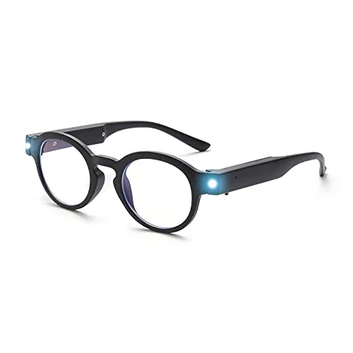 SKYWAY Lesebrille mit LED-Licht, Runde Lesebrille, Blaulicht Schutzbrille Spielbrille mit USB Wiederaufladbare fur Frauen Männer, Blendschutz UV-Schutz, Schwarz