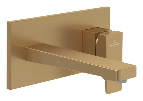 Villeroy & Boch Architectura Square Einhebel-Waschtischarmatur - Elegante Badarmatur aus Messing in brushed gold, wandmontiert mit komfortablem Griff und EasyClean für einfache Reinigung – ideal für stilvolle Waschplätze.
