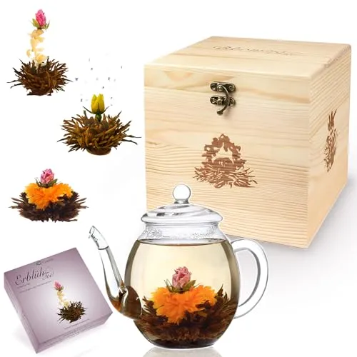 Creano Teeblumen Geschenkset - Erblühtee mit Glaskanne - Kaffee, Tee & Espresso - Edles Set mit 6 handgebundenen Teerosen in 3 Sorten, inklusive hitzebeständiger Glaskanne in stilvoller Holz-Dekobox für Teeliebhaber.
