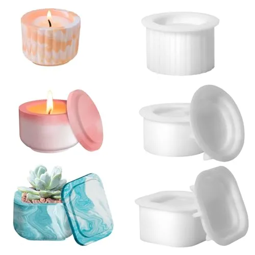 Votoko 3 Stück GießFormen Silikon Kerzenhalter, Silikonform Kerzenhalter Mit Deckel, Rund Quadrat, Gießform für Teelichthalter, Beton Vase, Vorratsgefäß,Beton Gips DIY Kerzen
