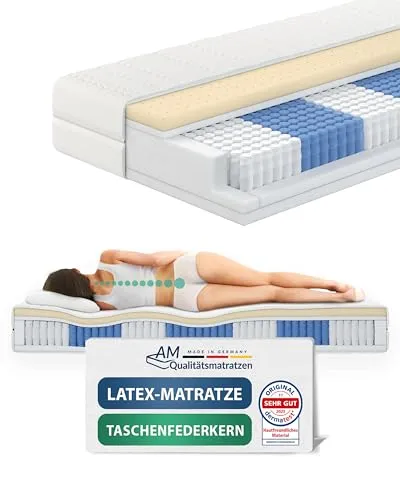 AM Qualitätsmatratzen - Premium Latex-Matratze 90x200cm H2 mit 1000 Federn - Hochwertige Taschenfederkernmatratze mit 4cm Latex-Auflage für ein luxuriöses Schlafgefühl. Made in Germany, OEKO-TEX zertifiziert und ideal für Allergiker. 30 Nächte Probeschlafen!