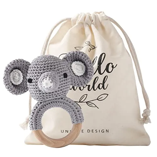 Youuys Baby Rassel Spielzeug aus Holz, mit Sound, gehäkelte Beißringe, Babyzahlungsspielzeug, weiche Tiere Spielzeug, Geschenk für Neugeborene Kinder (Elefanten)