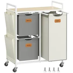 VASAGLE Wäschekorb mit 3 Fächern, 100 L Wäschesortierer, Wäschewagen mit Rollen und Ablageflächen, abnehmbare Beutel, 6 Etiketten, Naturbeige, Taubenblau und Cremeweiß BLH202G01