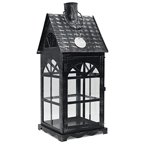 Dekovita 50cm Metall-Laterne Lichthaus - Gartenlaterne mit Glas-Scheiben - Windlicht Haus Deko-Laterne