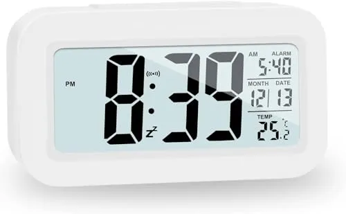 JOPHEK LCD Digitaler Wecker, Reisewecker mit Temperatur Schlummerfunktion, Lichtsteuerung Intelligenter Wecker für Schlafzimmer Home Office
