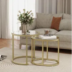 Couchtische 2er-set Aus Stahl In Gold Mit Glasplatte, Stapelbar, Ø50 Cm Und 60 X 36 Cm