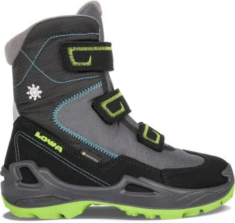 Lowa Milo GTX HI Kinderstiefel Schwarz Türkis - Wanderschuhe für Kinder mit GORE-TEX® Futter, atmungsaktiv und wasserdicht, ideal für Schneewanderungen und Freizeit. Mit drei Klettverschlüssen für einfaches An- und Ausziehen.