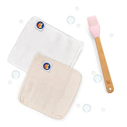 Kleiner Fuchs Bambusgeschirr Reinigungs Set, bestehend aus 1 Bambusbürste, 4 Schichten Liner, 1 Bambusfasertuch 15 * 15cm, Farbe: Rosa
