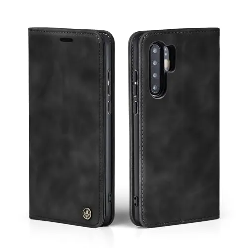 LBH Handyhülle für Huawei P30 Pro in Schwarz mit Karten- und Geldfach Smartphone Hülle mit Standfunktion Flip Case Schutzhülle Magnetverschluss Vintage