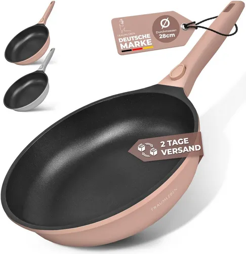 TRAUMLEBEN NEU Bratpfanne 28 cm mit abnehmbarem Griff - Pfanne für alle Herdarten, inklusive Induktion. Mit innovativer Antihaftbeschichtung für fettfreies Braten und abnehmbarem Griff für platzsparende Lagerung.