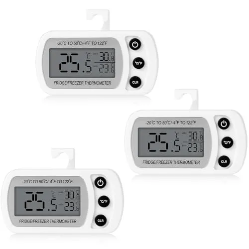 Cozary Kühlschrankthermometer Digital 3 Stück mit Magnet und LCD | Thermometer Kühlschrank Innen mit Klapphaken,haftet per Magnet oder steht frei,drei Stück für Kühlschrank,Gefrierschrank