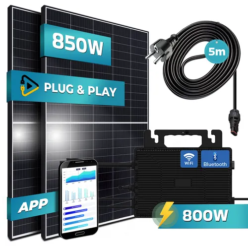 SUNNIVA 850W Solaranlage Balkonkraftwerk - Balkonkraftwerk mit 800W Mikroinverter, Plug&Play Installation, ideal für Balkon und Garten, inklusive 2 Monokristallinen Solarmodulen und 5m Anschlusskabel.