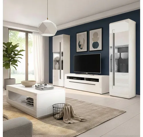 Lomadox Wohnzimmer-Set TURDA-83, (Mega-Spar-Set, 4-St., Couchtisch Highboard Lowboard Sideboard Vitrine Wandregal), weiß Hochglanz Metallgriffe schwarz modern LED Beleuchtung