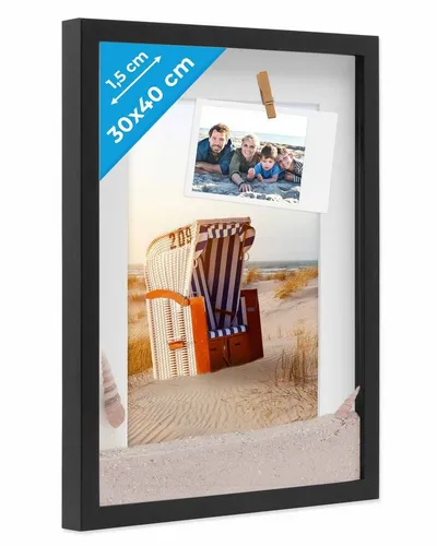 PHOTOLINI 3D-Bilderrahmen mit Passepartout - Schwarz 30x40 cm - Bilderrahmen für Objekte bis 1,5 cm Tiefe, ideal für kreative Präsentationen und einzigartige Wohnakzente.