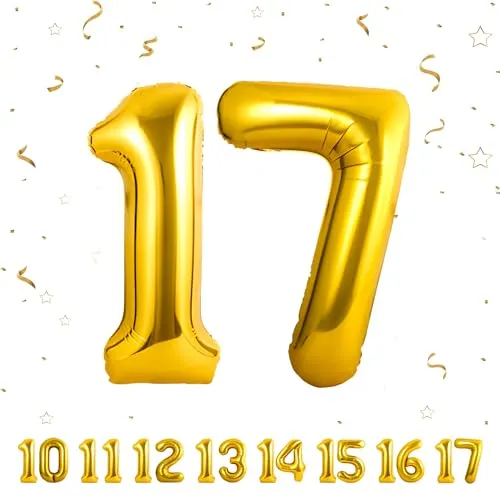 Geburtstag Deko zahlen luftballon 17 jahre | Folienballon Gold - für 17. Geburtstagsdeko Männer Frauen Ballon Zahl Deko zum Geburtstag fliegt mit Helium 17.Geburtstagsparty 40