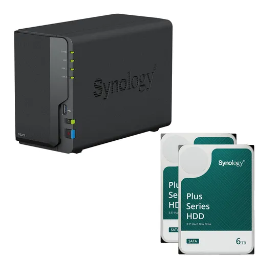 Synology DiskStation DS223 NAS-Server mit 2 Einschüben und 12TB Speicher - Leeres NAS-Gehäuse mit 2 Einschüben und 2x 6TB Festplatten. Ideal für Datensicherung und Medienstreaming, bietet hohe Speicherkapazität und einfache Verwaltung.