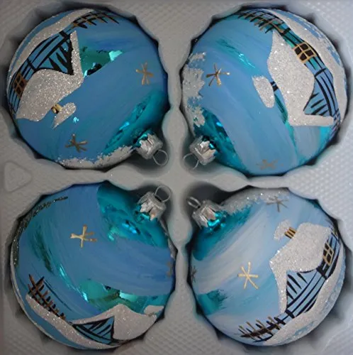 Blaue Weinachtskugeln mit winterlichem Motiv (Haus im Schnee) aus Glas Durchmesser 10 cm 4er Set