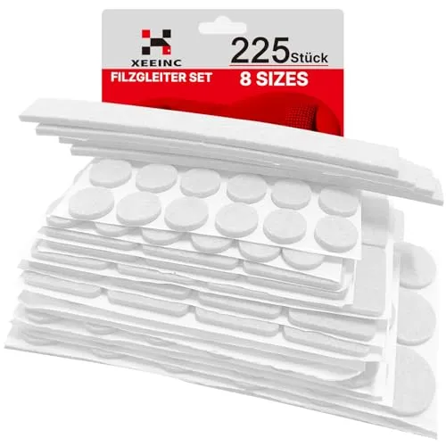 XEEINC Filzgleiter Selbstklebend 225 Stück | Filzgleiter für Stühle Mit Idealer Klebkraft | 3mm Dicke | mit 8 Größen | Möbelgleiter Filz Selbstklebend für Stuhl Möbel - Weiß