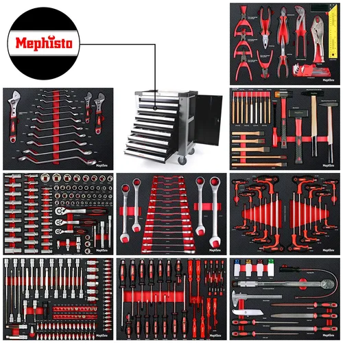 Werkstattwagen XXL Premium Pro mit Werkzeug - Großer Werkzeugwagen mit 9 Schubladen, kratzresistent und mit Kugelführungen. Ideal für Profis, verschließbar und mobil dank Rollen mit Feststellbremsen.