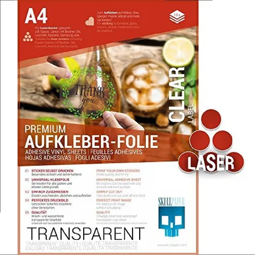 Skullpaper Kopierfolien Aufkleberfolie A4 - Transparent Klar - Universal-Aufkleber für Laserdrucker, ideal für individuelle Sticker und Geschenkaufkleber. Wasserfest, rückstandsfrei ablösbar und bestempelbar mit permanenter Stempelfarbe.