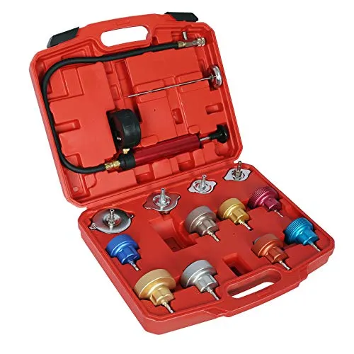 Wiltec Universal Kühlsystemtester 14-teilig - Kühl- & Wasserpumpenwerkzeuge, umfassendes Set mit farbkodierten Adaptern und Hand-Druckpumpe für präzise Diagnosen und effektive Wartung von Kühlsystemen.