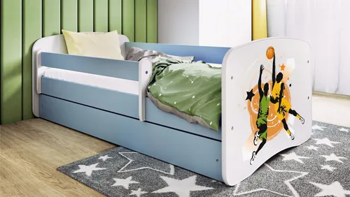 Raumhirsch Furniture Kinderbett Basketball, Blau, 80x160 cm - Modernes Kinderbett mit abnehmbarer Schutzschiene für maximale Sicherheit und praktischer Schublade für Stauraum. Inklusive Lattenrost und waschbarer Matratze. Ideal für ein gemütliches Kinderzimmer.