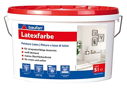 Baufan Latexfarbe 5 l - Hochwertige Wand- und Deckenfarbe - Farben für Innen- und Außenanstriche, ideal für verschiedene Untergründe und reicht für ca. 33 m². Perfekt für langlebige und attraktive Oberflächen.