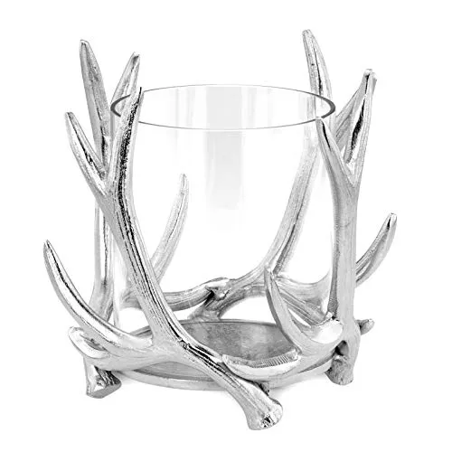 Glas Windlicht Ø 19 cm Aluminium poliert in Hirsch Geweih Form - Kerzenhalter mit offenem Glaszylinder - Kerzenständer für Stumpenkerzen/Teelichter - Windglas für innen & außen