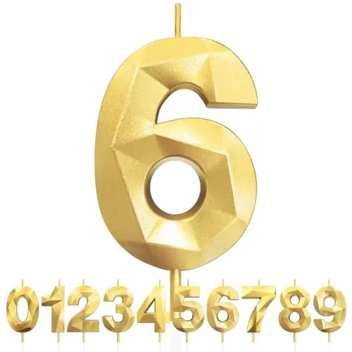 Kerzen zum 6. Geburtstag, Zahl 6, goldene Geburtstagskerzen für Kuchen, Diamant-3D-Happy Birthday-Kerzen, Kuchenkerzen-Dekorationen für Geburtstagsparty, Hochzeitstag, Feier-Zubehör