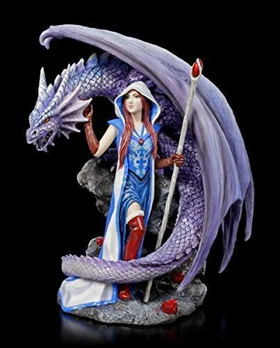 Fantasy Drachen Figur mit Zauberin - Dragon Mage - Gothic Deko-Figur, handbemalt und detailreich, ideal für Sammler und Anne Stokes-Fans. Höhe: 23,5 cm, Kunststein, perfektes Geschenk!