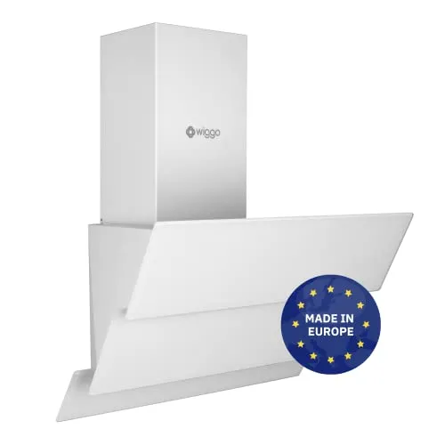 Wiggo Dunstabzugshaube 60cm kopffrei I Abluft Umluft Dunstabzug 300m³/h - LED Touch-Display 3 Stufen I Schräghaube inkl. Fettfilter & 2x Kohlefilter I Abzugshaube mit 3 teiliger Glasfront weiß